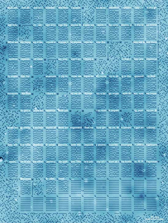 96 nanometre genişliğinde, 126 nanometre uzunluğundaki 1 kilobayt hafızanın STM taraması. Bu hafıza üzerine Feynman’ın dersi yazılı