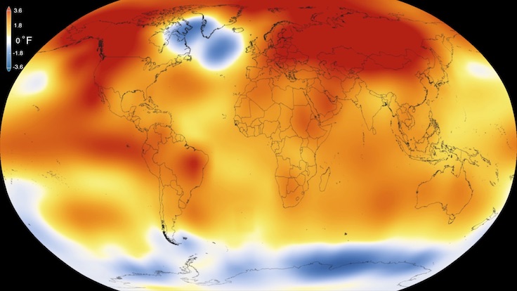 2015 yılı dünya sıcaklık rekoru haritası.