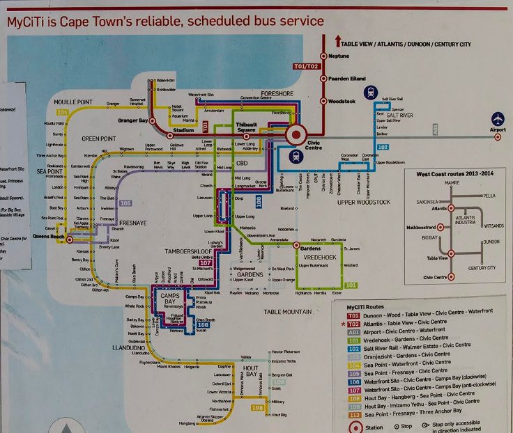 Cape Town içinde yolculuk etmenin en ucuz yolu My Citi kartı kullanmak. Her durakta hangi otobüse binmeniz gerektiğini gösteren haritalar var.
