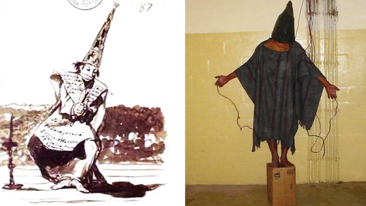 Solda: Goya’nın engizisyon tasvirlerinden biri, 1810-14 Sağda: Ebu Garib’de “Gilligan” olarak bilinen mahkum, 2004 (2) 