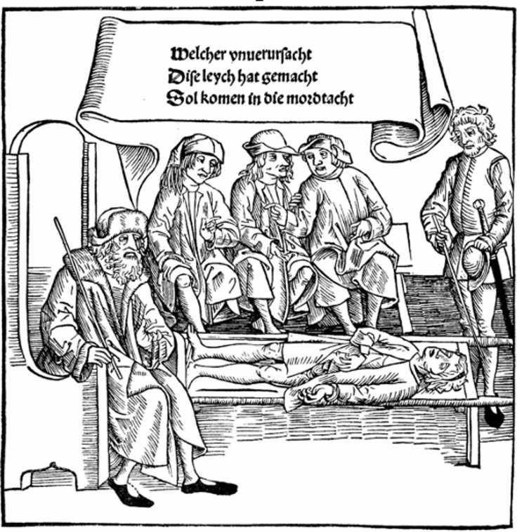 Yargıçlar bir katile hukuk dışına çıkarılma (sivil ölüm) cezası veriyor.  Bamberger Halsgerichtsordnung Gravürü  (1507) *
